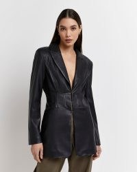 River Island BLACK FAUX LEATHER CORSET BLAZER – fitted cinched waist blazers – women’s on-trend longline jackets