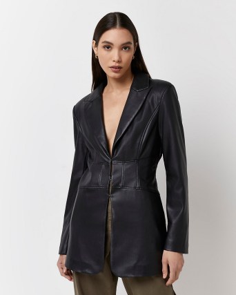 River Island BLACK FAUX LEATHER CORSET BLAZER – fitted cinched waist blazers – women’s on-trend longline jackets - flipped