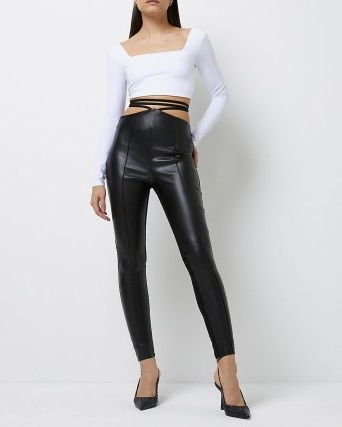 River Island BLACK FAUX LEATHER STRAP SKINNY TROUSERS – women’s strappy tie waist skinnies