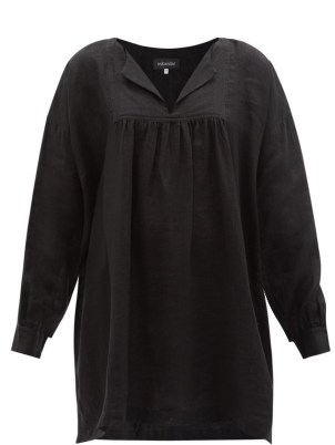 ESKANDAR Gathered black linen-voile tunic