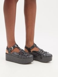 LOEWE Glitter-leather flatform sandals ~ glittering black glossy chunky flatforms