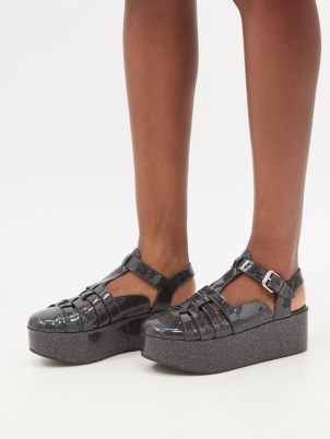 LOEWE Glitter-leather flatform sandals ~ glittering black glossy chunky flatforms - flipped