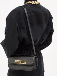 BALENCIAGA Gossip BB-plaque croc-effect leather bag / chic black crocodile embossed shoulder bags