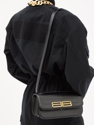 BALENCIAGA Gossip BB-plaque croc-effect leather bag / chic black crocodile embossed shoulder bags - flipped
