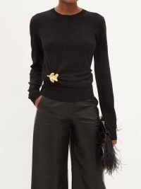 JIL SANDER Leaf-brooch draped-wool sweater / black jewellery attached sweaters / womens luxe long sleeved crew neck jumpers / designer knitwear