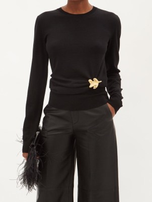 JIL SANDER Leaf-brooch draped-wool sweater / black jewellery attached sweaters / womens luxe long sleeved crew neck jumpers / designer knitwear - flipped