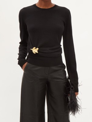 JIL SANDER Leaf-brooch draped-wool sweater / black jewellery attached sweaters / womens luxe long sleeved crew neck jumpers / designer knitwear