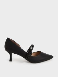CHARLES & KEITH Leather Knotted-Strap Half D’Orsay Pumps / black pointed toe knot detail courts / angled heel court shoes