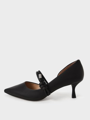 CHARLES & KEITH Leather Knotted-Strap Half D’Orsay Pumps / black pointed toe knot detail courts / angled heel court shoes - flipped
