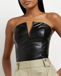 River Island BLACK PU SLEEVELESS CORSET BODYSUIT | fitted strapless front V cut out bodysuits