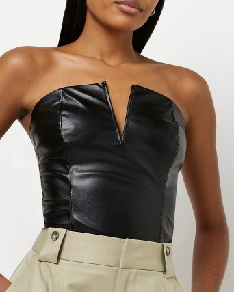 River Island BLACK PU SLEEVELESS CORSET BODYSUIT | fitted strapless front V cut out bodysuits - flipped