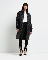 RIVER ISLAND BLACK QUILTED LONGLINE BOMBER JACKET ~ women’s on-trend long length jackets ~ womens fashionable coats