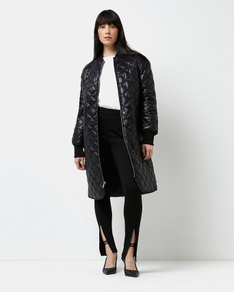 RIVER ISLAND BLACK QUILTED LONGLINE BOMBER JACKET ~ women’s on-trend long length jackets ~ womens fashionable coats - flipped