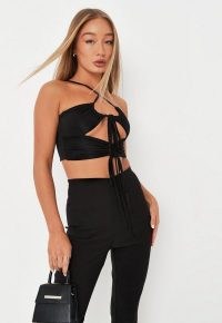 black ruched cut out slinky crop top