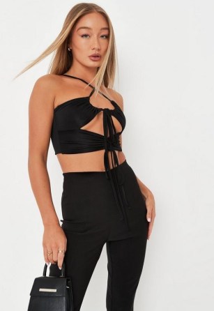 black ruched cut out slinky crop top