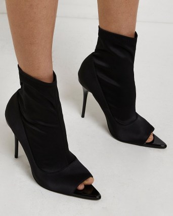 BLACK SCUBA SOCK BOOTS / open tie stiletto heel booties