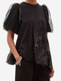 SIMONE ROCHA Sequinned tulle and cotton-jersey T-shirt – black puff sleeved sheer overlay T-shirts – romantic sequin panel tee – asymmetric romance inspired tops
