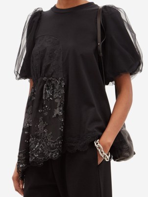 SIMONE ROCHA Sequinned tulle and cotton-jersey T-shirt – black puff sleeved sheer overlay T-shirts – romantic sequin panel tee – asymmetric romance inspired tops - flipped