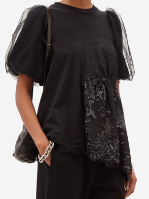 SIMONE ROCHA Sequinned tulle and cotton-jersey T-shirt – black puff sleeved sheer overlay T-shirts – romantic sequin panel tee – asymmetric romance inspired tops