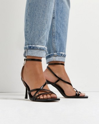 River Island BLACK STRAPPY HEELED SANDALS – patent ankle strap high heels – square toe footwear - flipped