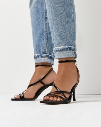 River Island BLACK STRAPPY HEELED SANDALS – patent ankle strap high heels – square toe footwear