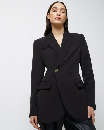 RIVER ISLAND BLACK WRAP OVER TAILORED BLAZER ~ women’s cinched waist blazers ~ womens on-trend asymmetric front jackets - flipped