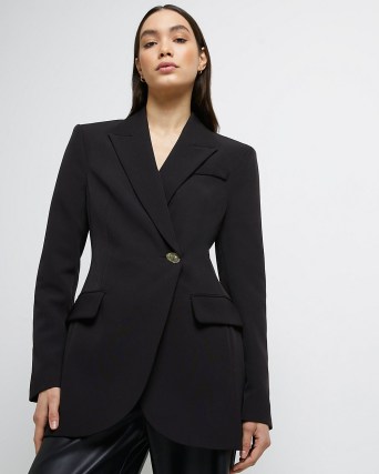 RIVER ISLAND BLACK WRAP OVER TAILORED BLAZER ~ women’s cinched waist blazers ~ womens on-trend asymmetric front jackets
