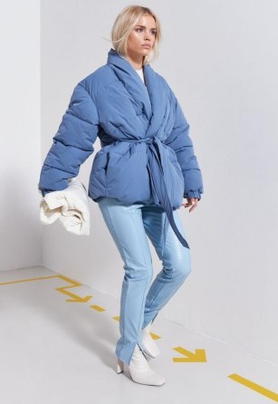 MISSGUIDED blue belted puffer coat ~ padded tie waist duvet style coats ~ on-trend outerwear - flipped