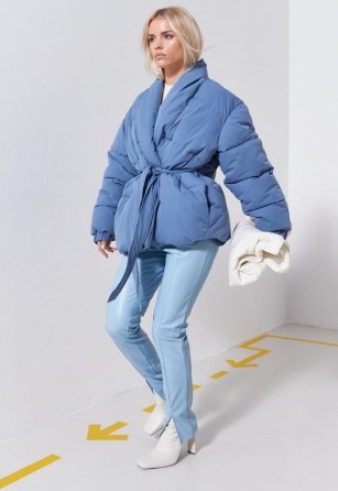 MISSGUIDED blue belted puffer coat ~ padded tie waist duvet style coats ~ on-trend outerwear