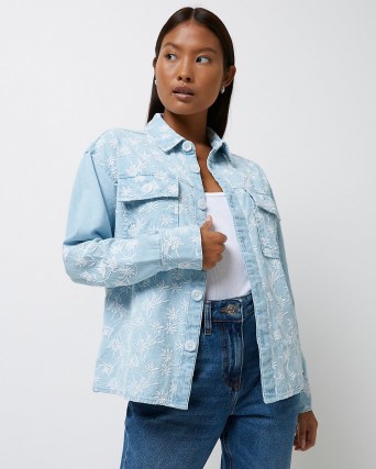 River Island BLUE FLORAL DENIM SHACKET – embroidered shackets – women’s on-trend shirt jackets - flipped