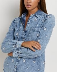 River Island BLUE FLORAL EMBROIDERED DENIM SHIRT | women’s puff sleeved shirts | long sleeve blouse with flower embroidery