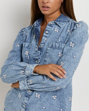 River Island BLUE FLORAL EMBROIDERED DENIM SHIRT | women’s puff sleeved shirts | long sleeve blouse with flower embroidery