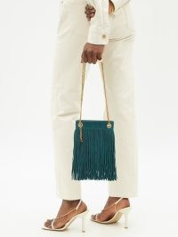 SAINT LAURENT Grace fringed green suede shoulder bag ~ chic 70s style bags ~ 1970s retro inspired handbags ~ luxe boho accessories