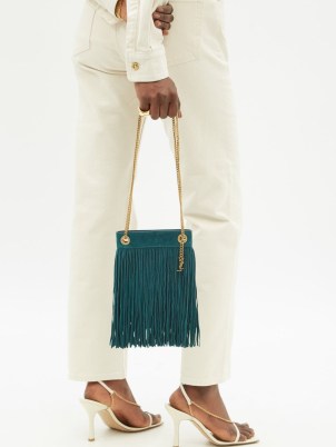 SAINT LAURENT Grace fringed green suede shoulder bag ~ chic 70s style bags ~ 1970s retro inspired handbags ~ luxe boho accessories - flipped