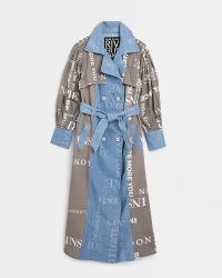 River Island BLUE GRAPHIC LONGLINE DENIM TRENCH COAT | womens belted tie waist coats | slogan print fashion