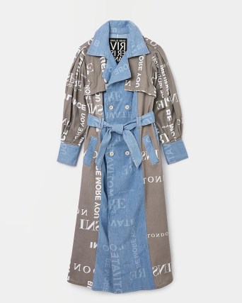 River Island BLUE GRAPHIC LONGLINE DENIM TRENCH COAT | womens belted tie waist coats | slogan print fashion - flipped