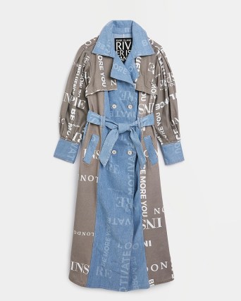 River Island BLUE GRAPHIC LONGLINE DENIM TRENCH COAT | womens belted tie waist coats | slogan print fashion