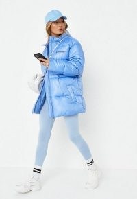 MISSGUIDED blue oversized drawstring waist puffer coat ~ women’s trendy padded outerwear ~ womens hooded on-trend casual coats
