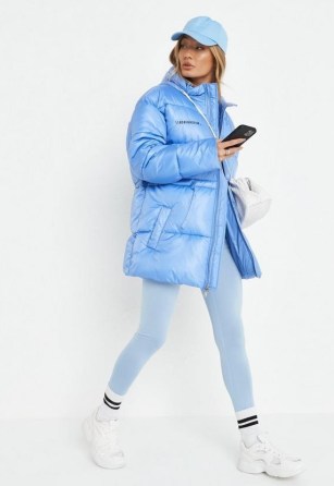 MISSGUIDED blue oversized drawstring waist puffer coat ~ women’s trendy padded outerwear ~ womens hooded on-trend casual coats - flipped