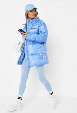MISSGUIDED blue oversized drawstring waist puffer coat ~ women’s trendy padded outerwear ~ womens hooded on-trend casual coats