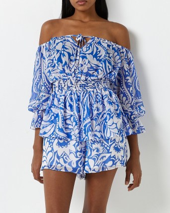 RIVER ISLAND BLUE PAISLEY PRINT BARDOT PLAYSUIT / off the shoulder shirred waist playsuits - flipped