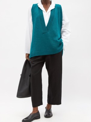 ESKANDAR V-neck flared linen sweater vest ~ women’s sleeveless deep V neck relaxed fit knitted vests ~ teal blue oversized tank