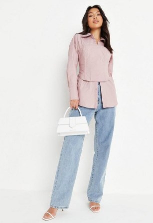 Missguided blush poplin corset overlay oversized shirt | women’s pink on-trend shirts with removable corsets - flipped