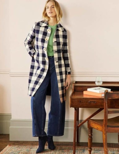 Boden Bonnie Gingham Buttoned Coat / ivory and navy blue checked coats / womens outerwear / fresh looks for spring 2022 - flipped