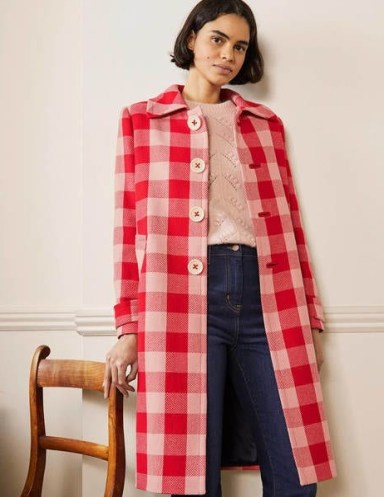 Boden Bonnie Gingham Buttoned Coat Pink/Red Gingham ~ womens checked relaxed fit coats - flipped