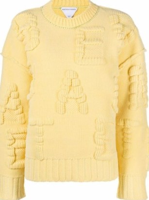Bottega Veneta alphabet-motif chenille jumper in zest yellow | womens chunky textured crew neck jumpers