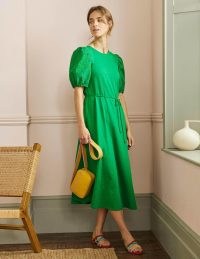 Boden Broderie Mix Jersey Midi Dress Highland Green ~ puff sleeved tie waist cotton dresses