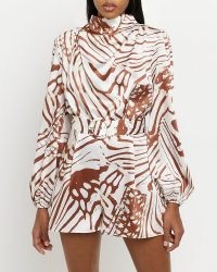 RIVER ISLAND BROWN ANIMAL PRINT SATIN PLAYSUIT ~ glamorous long sleeved high neck belted playsuits