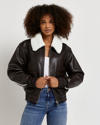 River Island BROWN FAUX LEATHER SHEARLING BOMBER JACKET – women’s on-trend jackets – cool casual looks