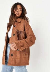 brown faux suede fringed shacket